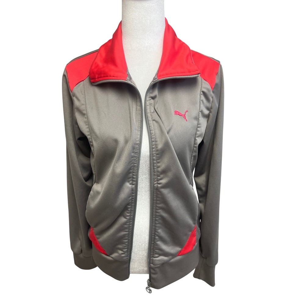 Retro Puma Track Jacket Full Zip Grey Red Sz M Sporty Athleisure Y2K Streetwear